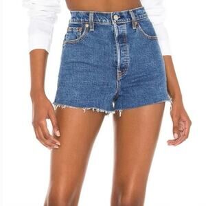 Levi's Medium Wash Raw Hem Ribcage Denim Shorts